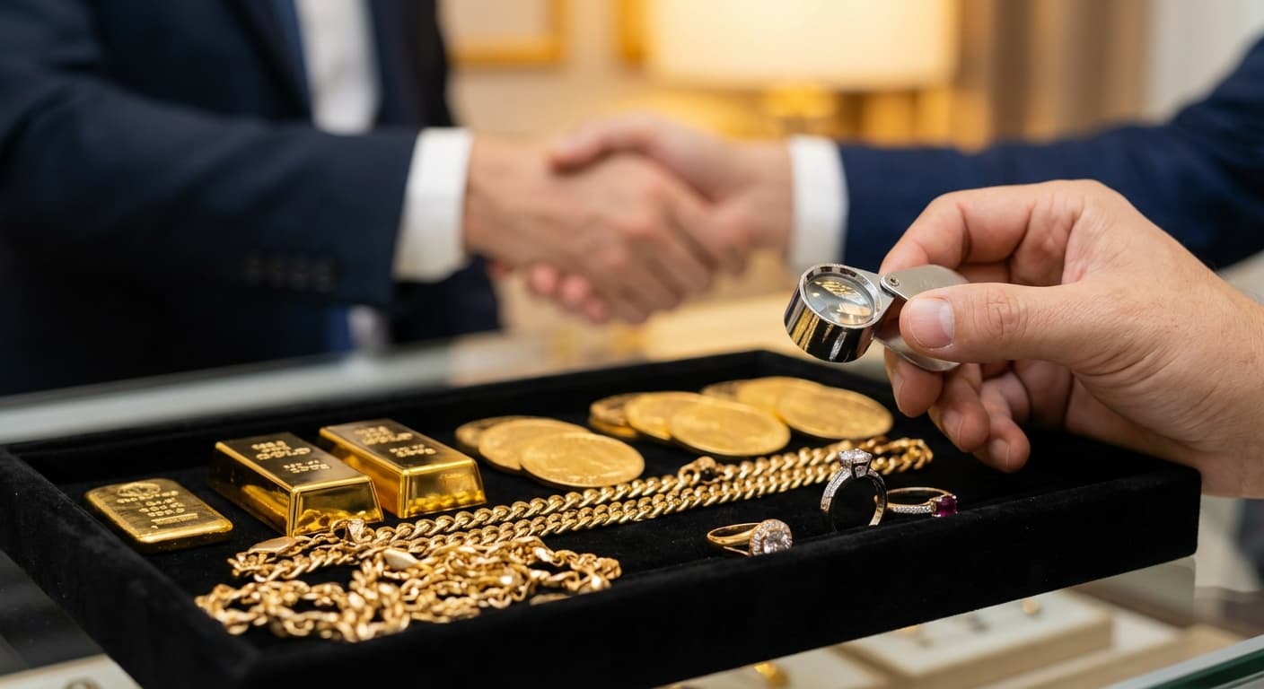 Begutachtung von Goldschmuck und Goldbarren während eines Ankaufsgesprächs